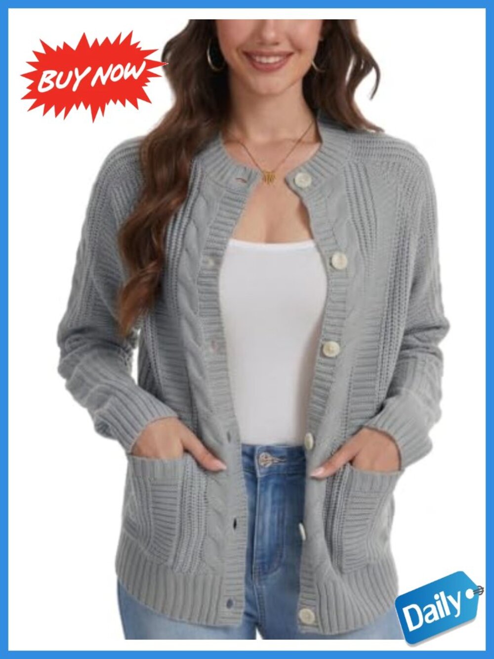 Cable Knit Button Down Cardigan Sweater with Pockets
